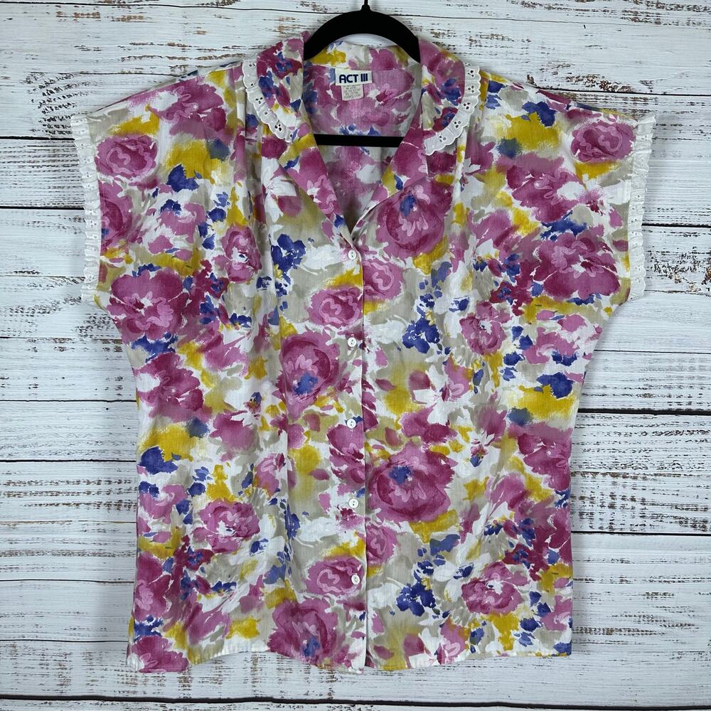 Womens VTG ACT III Pink Purple Floral Cap Sleeve Blouse Lace Trim Cottagecore 18